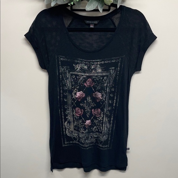 NWT Rock & Republic Black Tie Graphic Floral Rose Short Fishnet Mesh Sleeves XS - Picture 1 of 13
